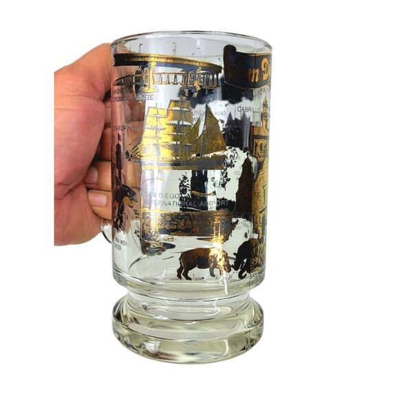 Vintage SAN DIEGO MCM Black 22 Kt Gold Souvenir Heavy Bottom Glass Beer Mug - Picture 2 of 13